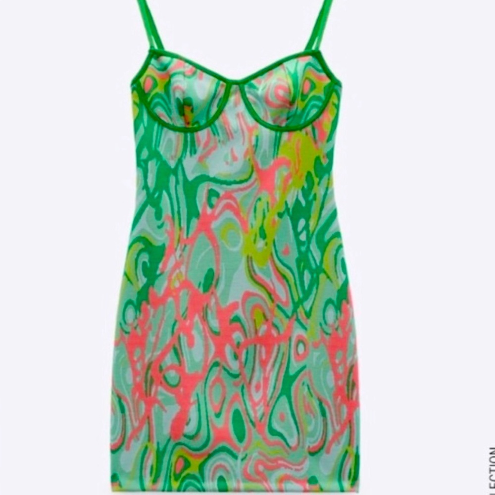 Zara Jacquard Dress - pink & green - Size medium NWOT